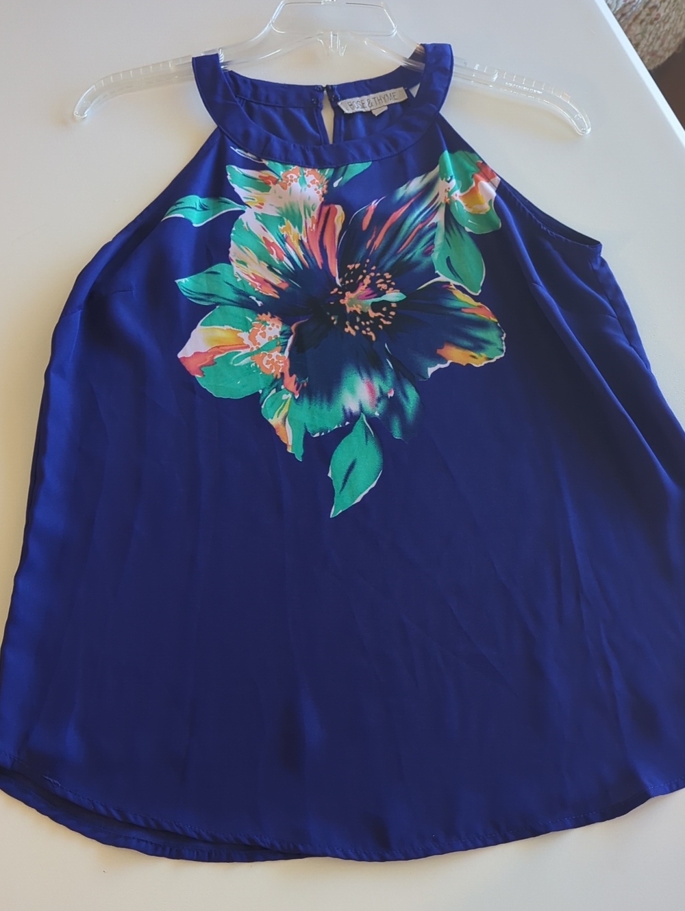 Sleeveless Royal Blue Floral Halter Blouse by Bobeau